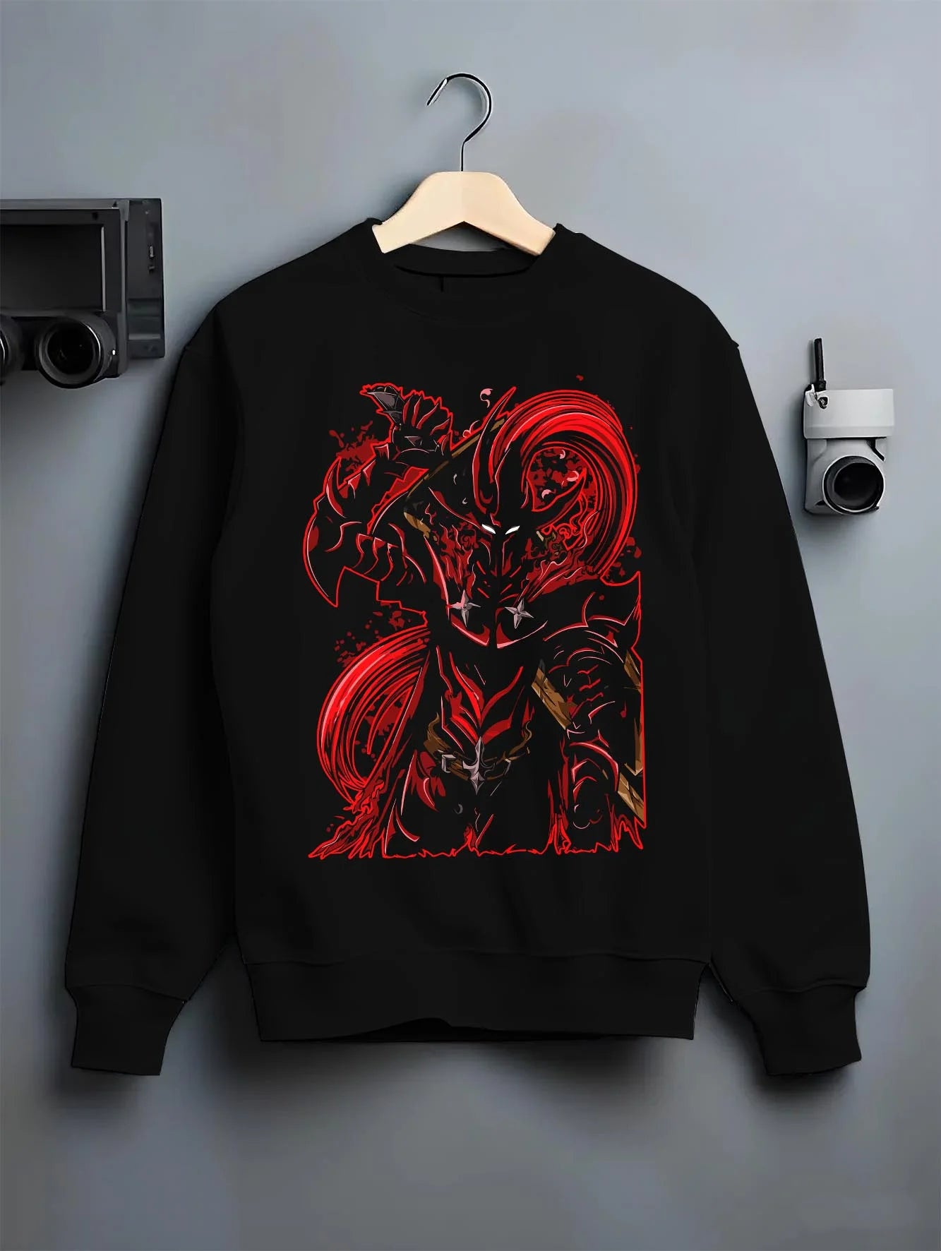 Black crewneck sweatshirt on hanger with Solo Leveling Hoodie Igris Dark Commander Jumper graphic bold anime graphic.