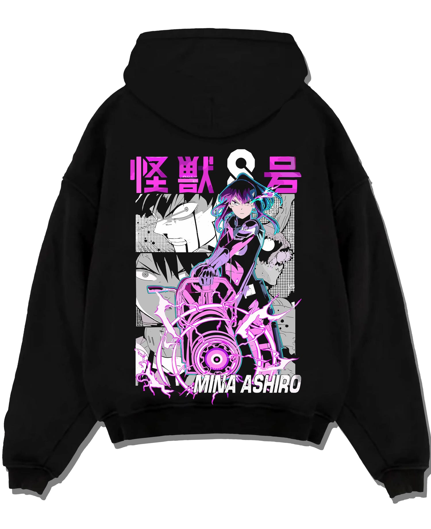 Black pullover hoodie laid flat with Kaiju No. 8 Hoodie Mina Ashiro Defence Squad Jumper graphic streetwear graphic.