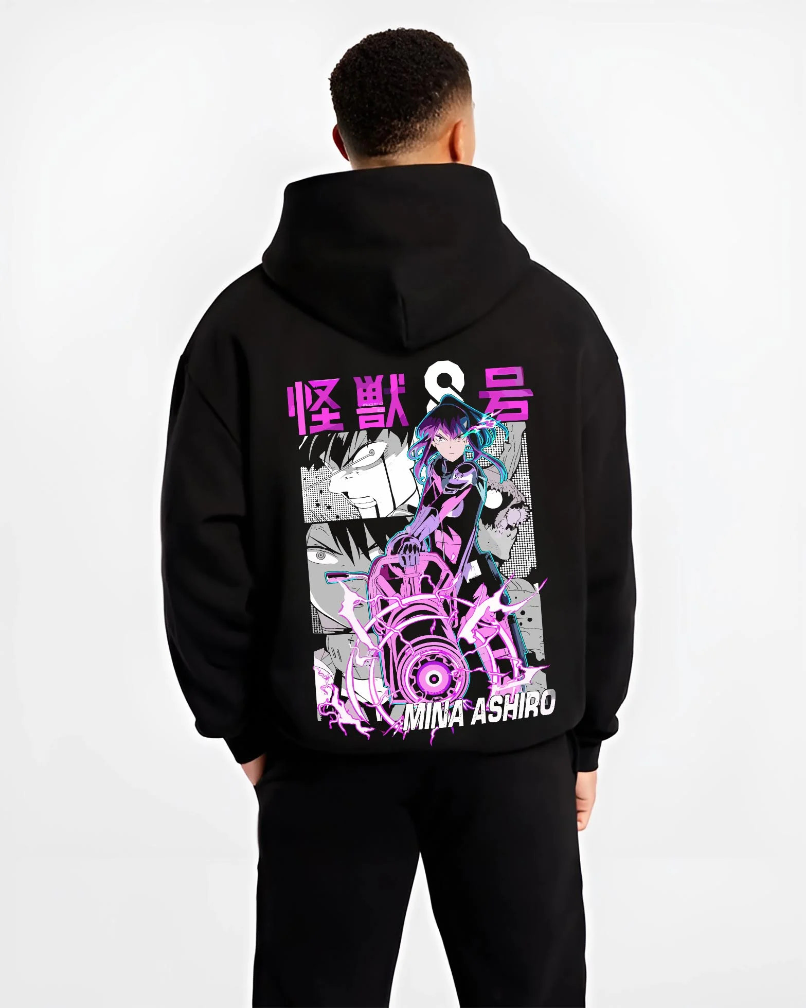 Black hoodie worn by male model, back view with Kaiju No. 8 Hoodie Mina Ashiro Defence Squad Jumper graphic bold anime graphic.