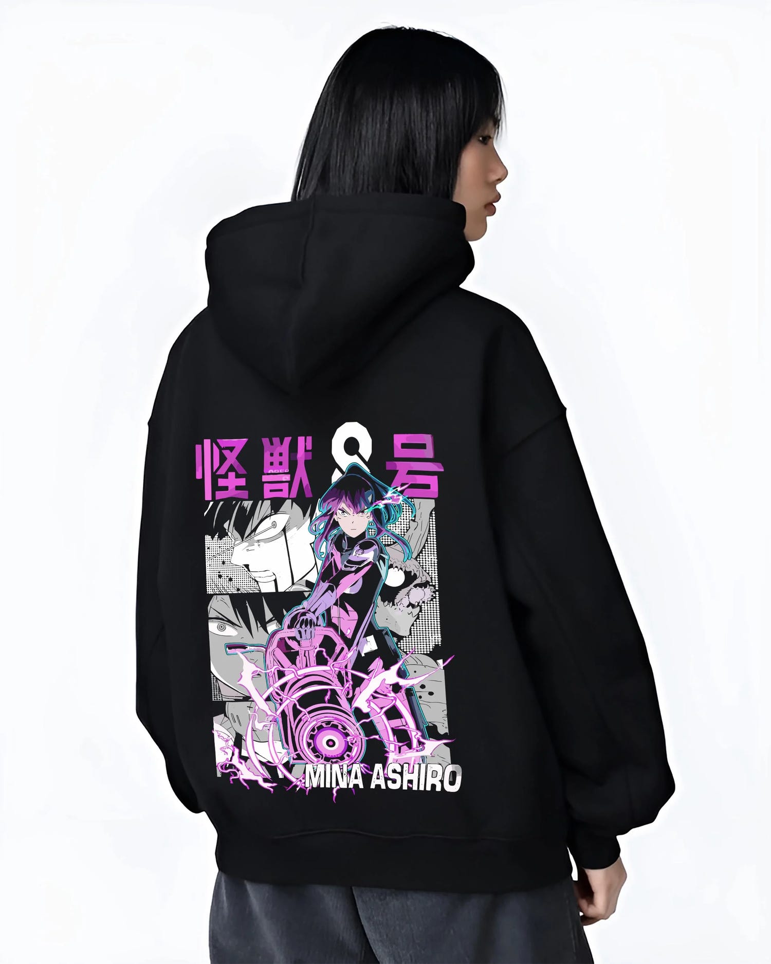 Black hoodie worn by female model, back view with Kaiju No. 8 Hoodie Mina Ashiro Defence Squad Jumper graphic premium wear.