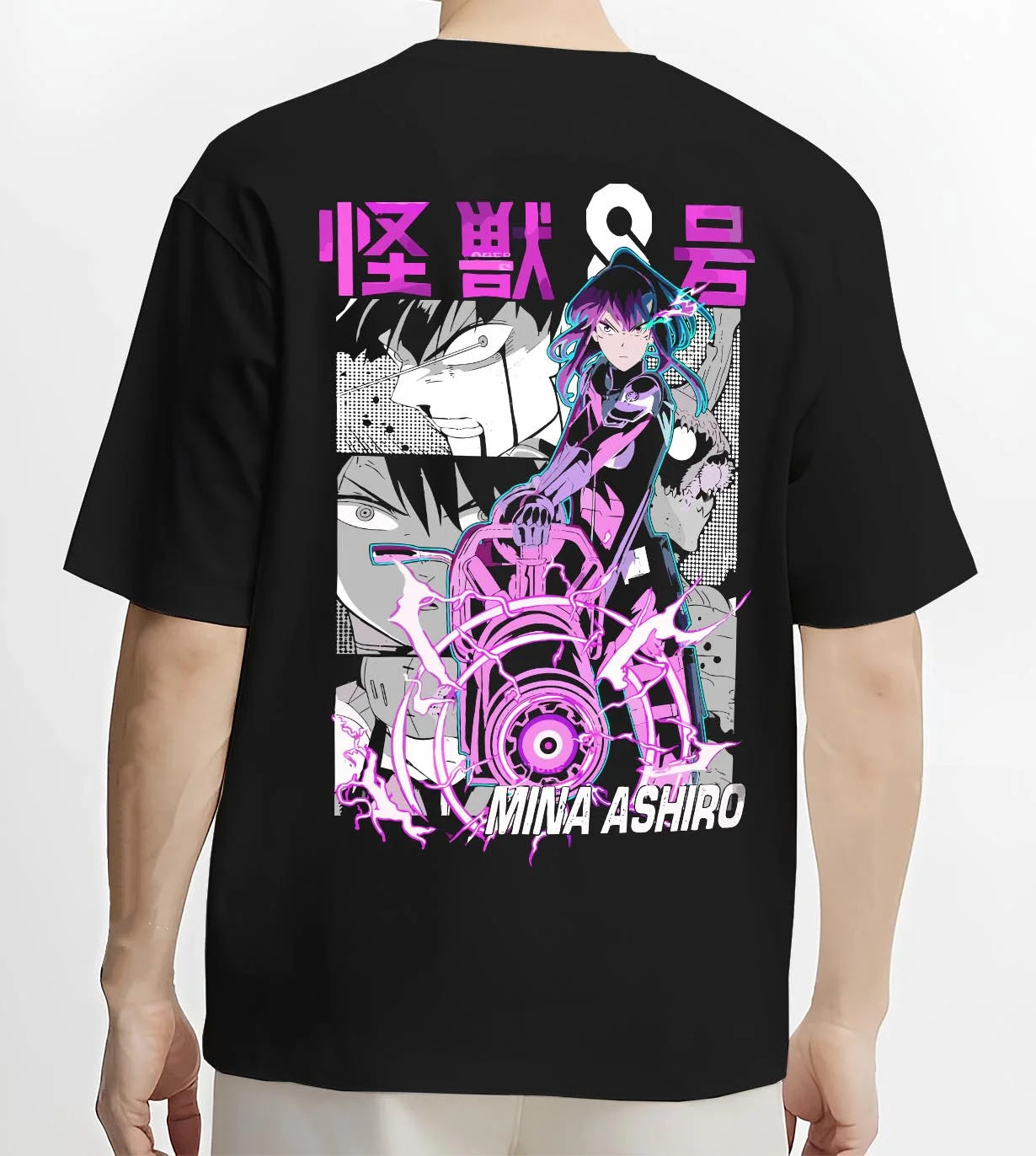 Black T-shirt worn by male model, back view with Kaiju No. 8 Hoodie Mina Ashiro Defence Squad Jumper graphic bold anime graphic.
