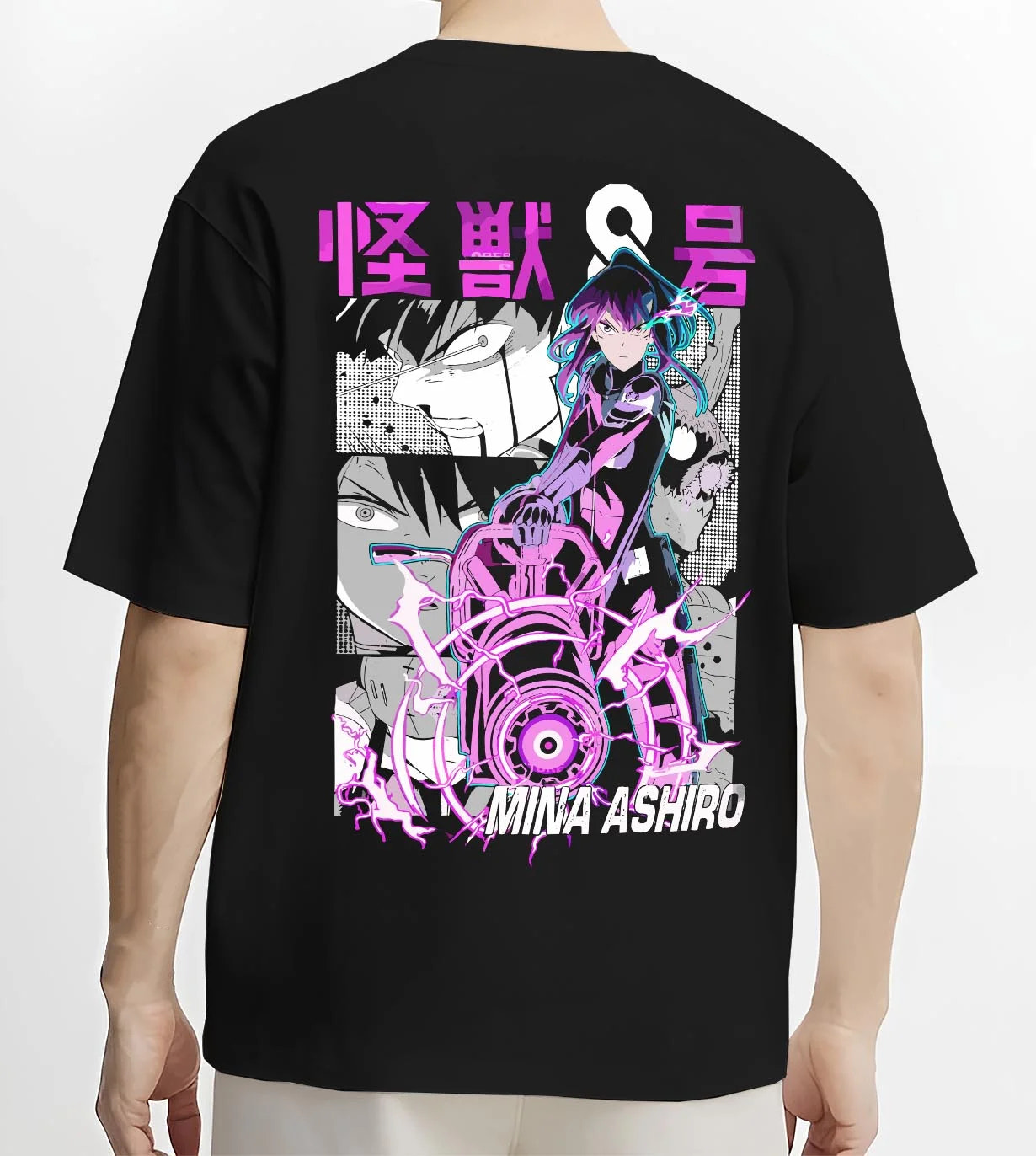 Black T-shirt worn by male model, back view with Kaiju No. 8 Hoodie Mina Ashiro Defence Squad Jumper graphic bold anime graphic.