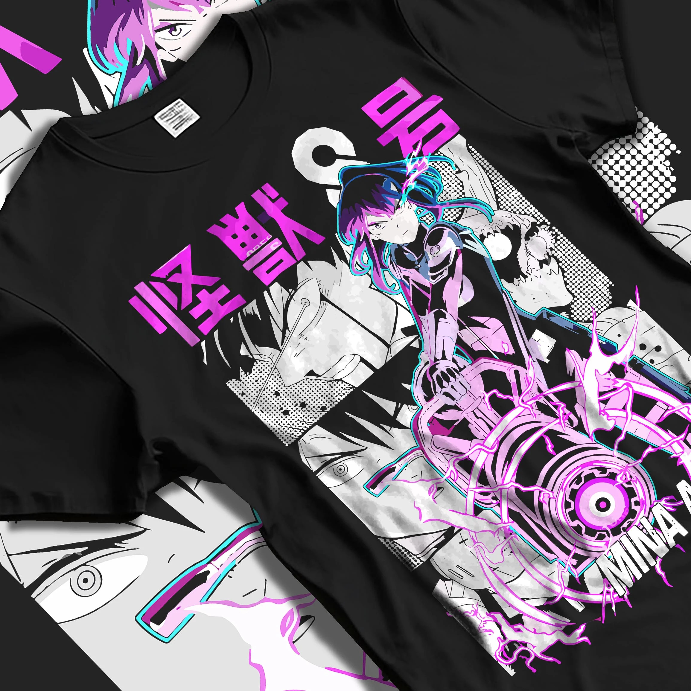 Black T-shirt laid flat with natural folds with Kaiju No. 8 Hoodie Mina Ashiro Defence Squad Jumper graphic premium wear.