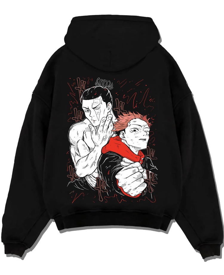Black pullover hoodie laid flat with Jujutsu Kaisen Hoodie Ijichi Kiyotaka Assistant Jumper graphic streetwear graphic.