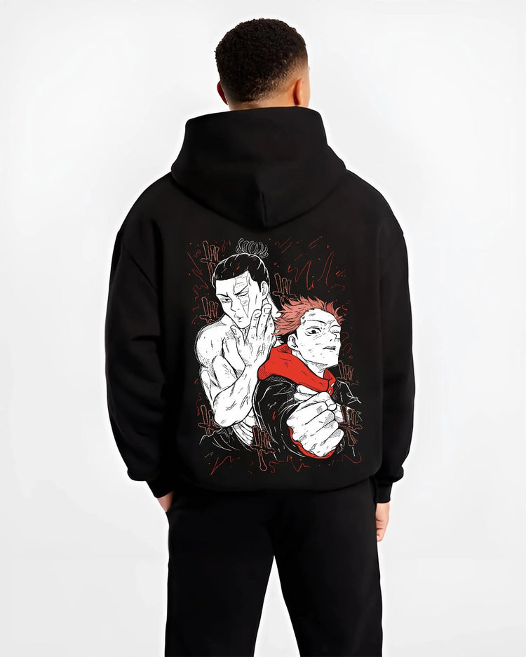 Black hoodie worn by male model, back view with Jujutsu Kaisen Hoodie Ijichi Kiyotaka Assistant Jumper graphic premium wear.