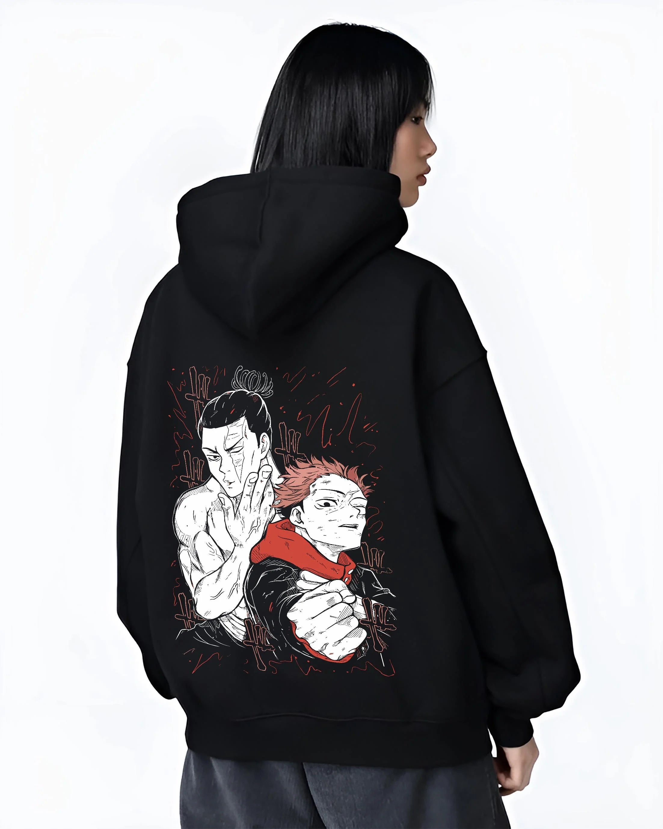 Black hoodie worn by female model, back view with Jujutsu Kaisen Hoodie Ijichi Kiyotaka Assistant Jumper graphic streetwear graphic.