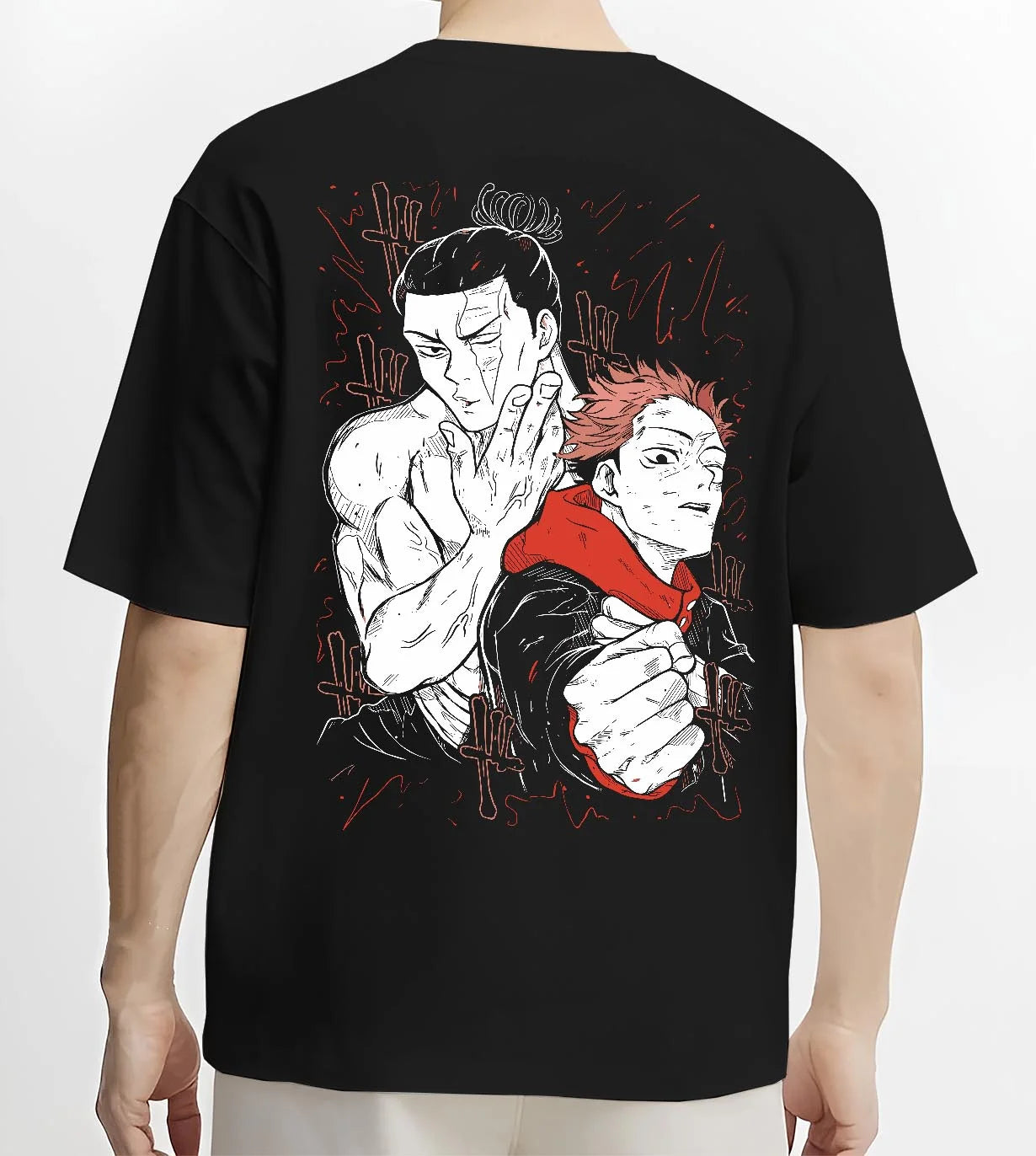 Black T-shirt worn by male model, back view with Jujutsu Kaisen Hoodie Ijichi Kiyotaka Assistant Jumper graphic premium wear.