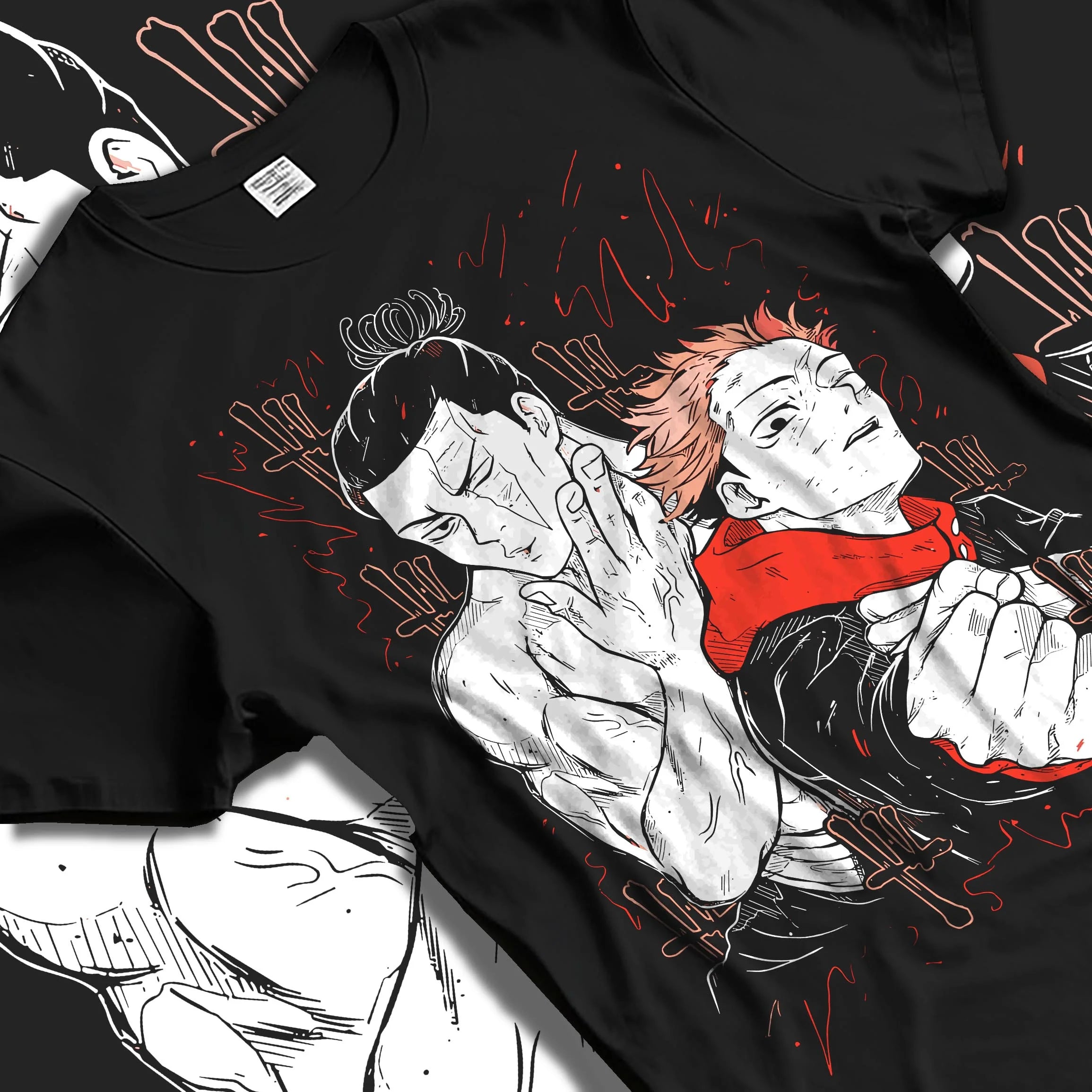 Black T-shirt laid flat with natural folds with Jujutsu Kaisen Hoodie Ijichi Kiyotaka Assistant Jumper graphic bold anime graphic.