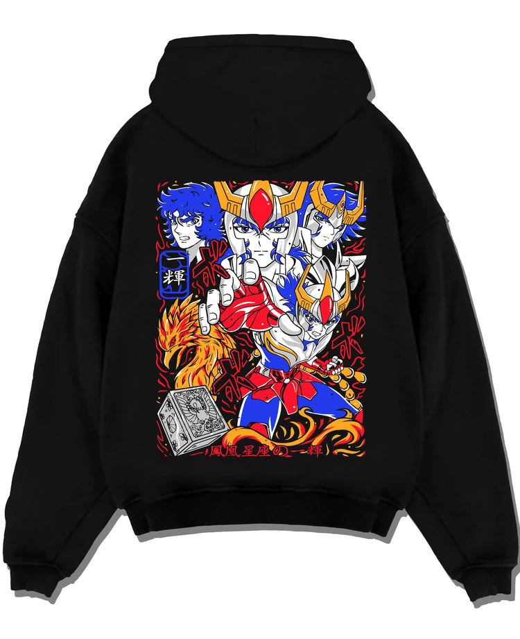 Black pullover hoodie laid flat with Saint Seiya Hoodie Ikki Phoenix Bronze Saint Jumper graphic premium wear.