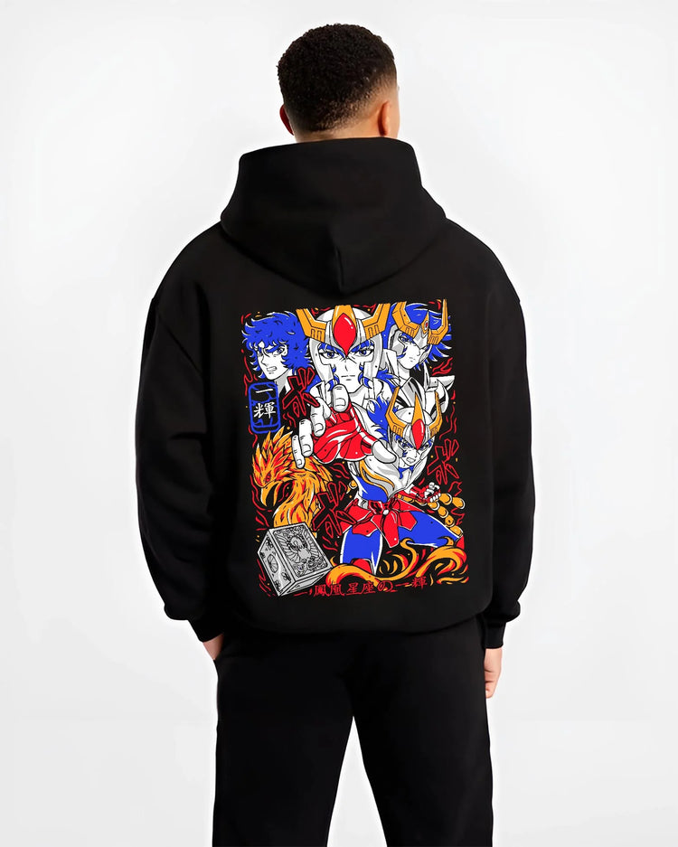 Black hoodie worn by male model, back view with Saint Seiya Hoodie Ikki Phoenix Bronze Saint Jumper graphic Ikki anime design.