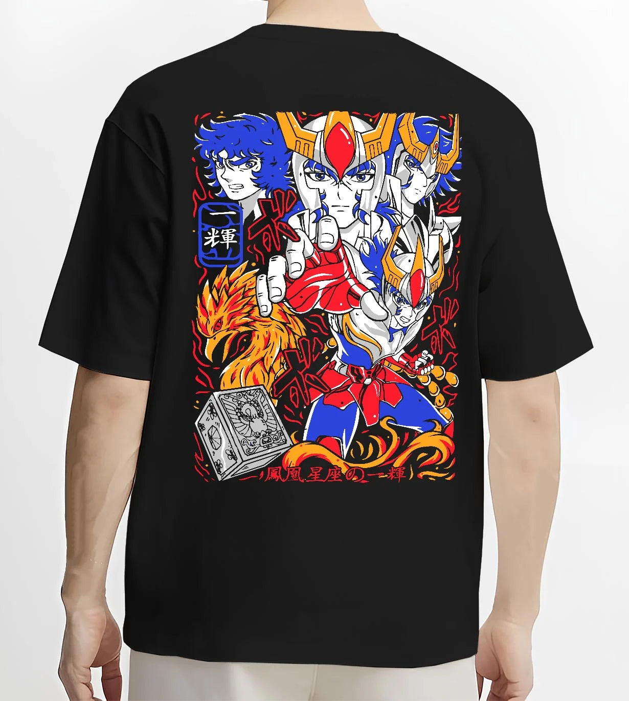 Black T-shirt worn by male model, back view with Saint Seiya Hoodie Ikki Phoenix Bronze Saint Jumper graphic Ikki anime design.