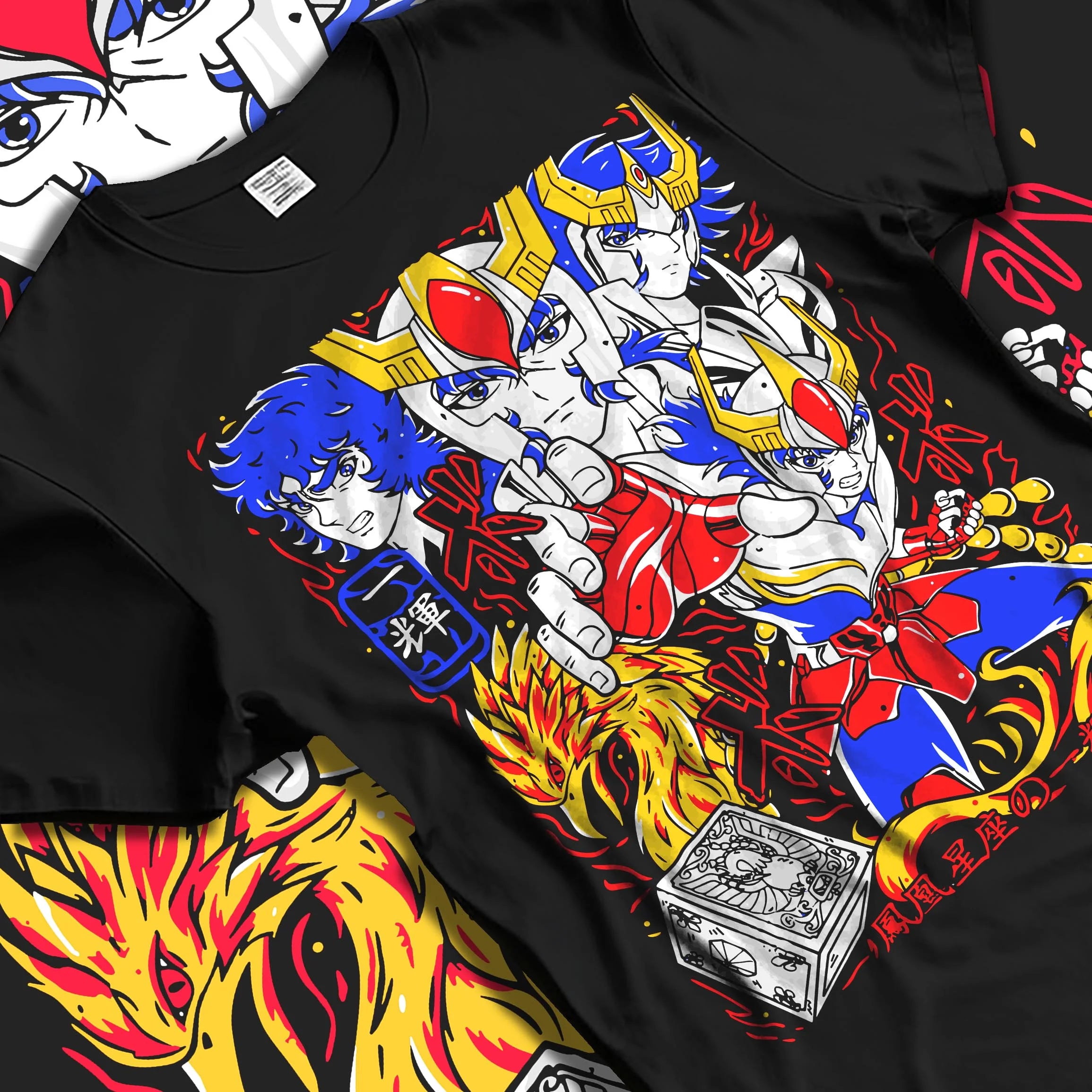 Black T-shirt laid flat with natural folds with Saint Seiya Hoodie Ikki Phoenix Bronze Saint Jumper graphic streetwear graphic.
