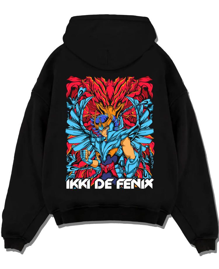 Black pullover hoodie laid flat with Saint Seiya Hoodie Ikki Phoenix Rising Flames Jumper graphic Ikki themed artwork.