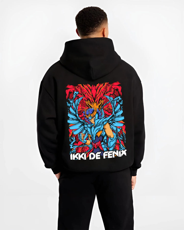 Black hoodie worn by male model, back view with Saint Seiya Hoodie Ikki Phoenix Rising Flames Jumper graphic premium wear.