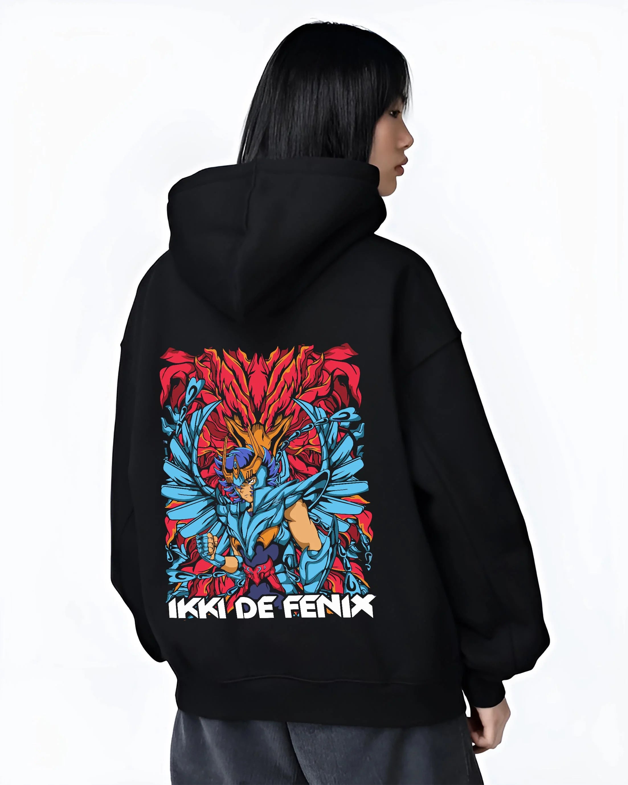 Black hoodie worn by female model, back view with Saint Seiya Hoodie Ikki Phoenix Rising Flames Jumper graphic premium wear.