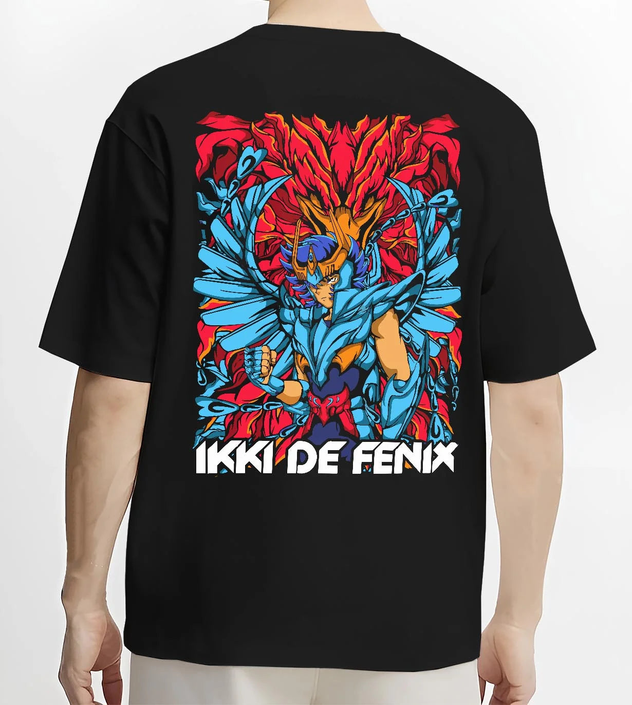 Black T-shirt worn by male model, back view with Saint Seiya Hoodie Ikki Phoenix Rising Flames Jumper graphic Ikki themed artwork.