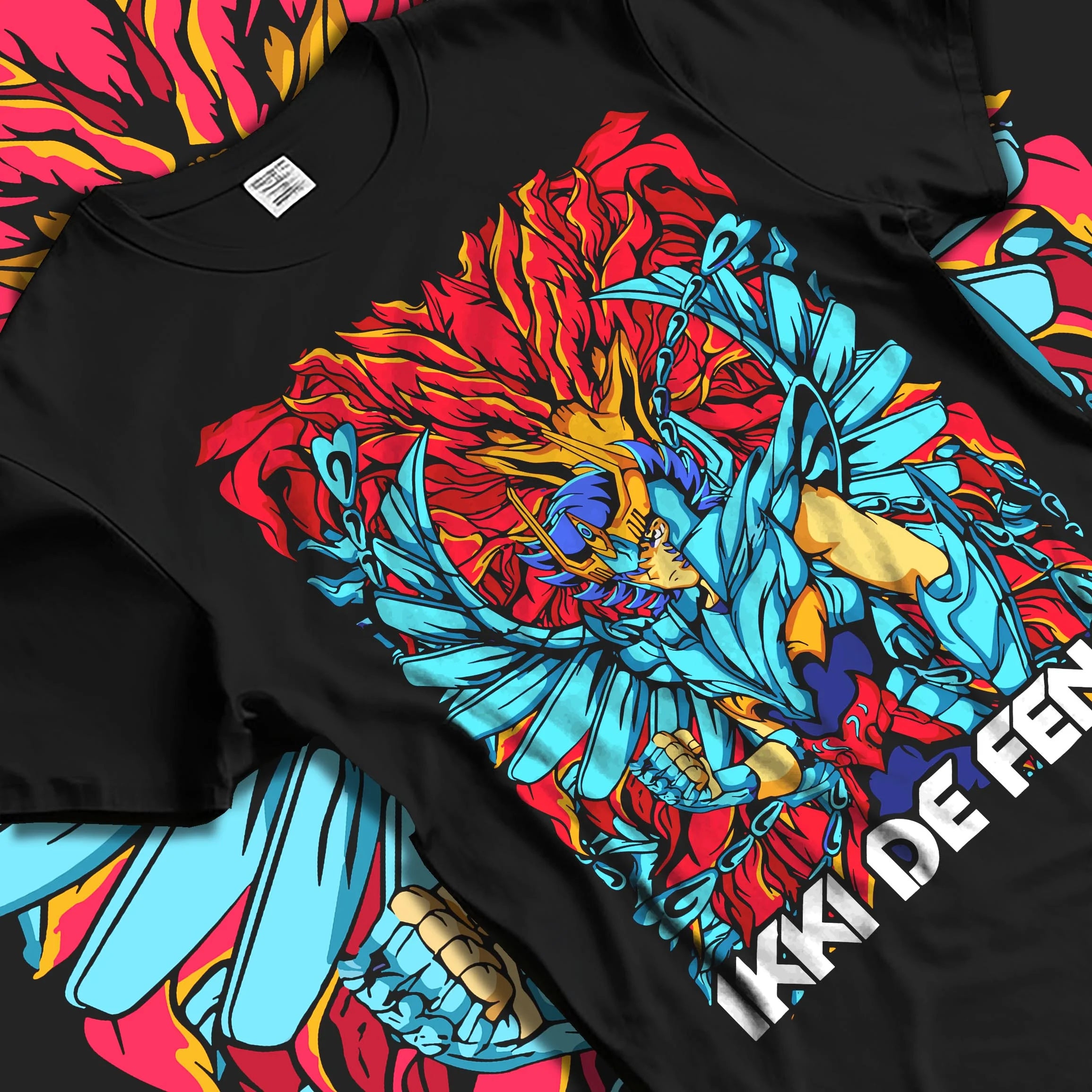 Black T-shirt laid flat with natural folds with Saint Seiya Hoodie Ikki Phoenix Rising Flames Jumper graphic bold anime graphic.