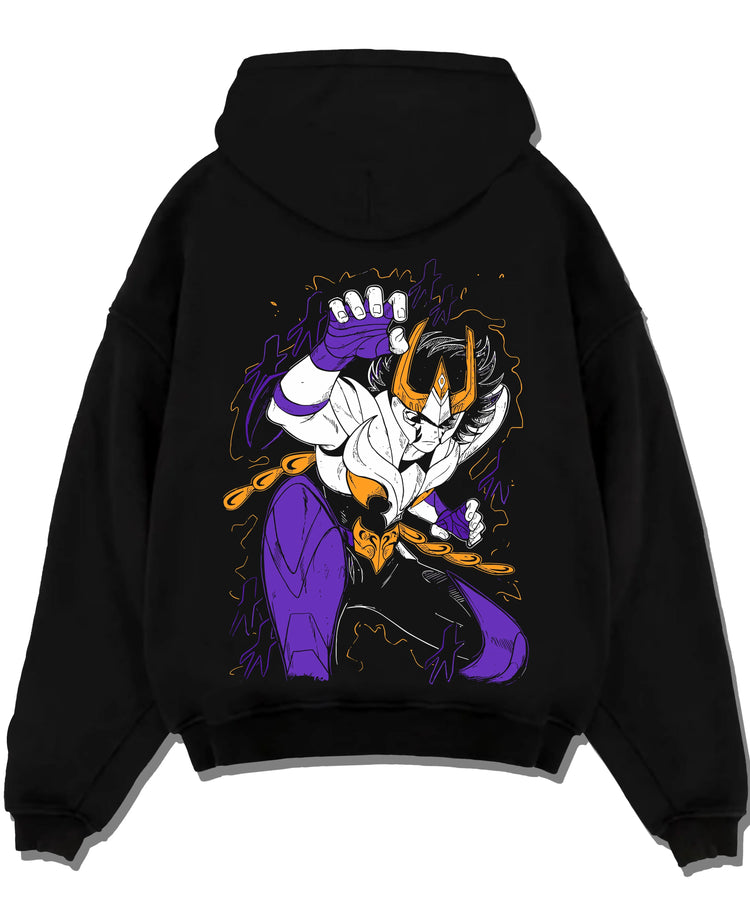 Black pullover hoodie laid flat with Saint Seiya Hoodie Ikki Phoenix Burning Power Jumper graphic Ikki anime design.
