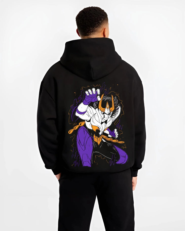 Black hoodie worn by male model, back view with Saint Seiya Hoodie Ikki Phoenix Burning Power Jumper graphic streetwear graphic.