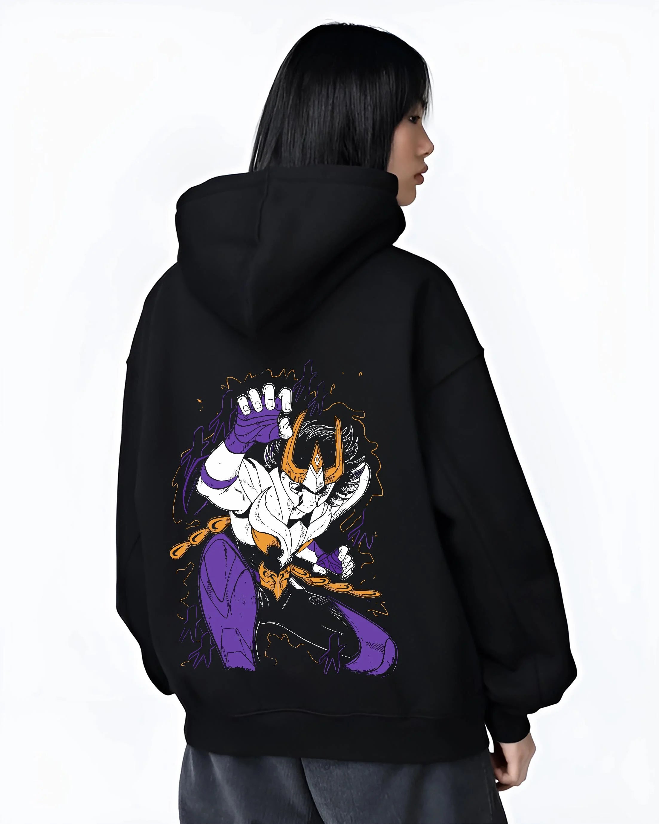 Black hoodie worn by female model, back view with Saint Seiya Hoodie Ikki Phoenix Burning Power Jumper graphic bold anime graphic.