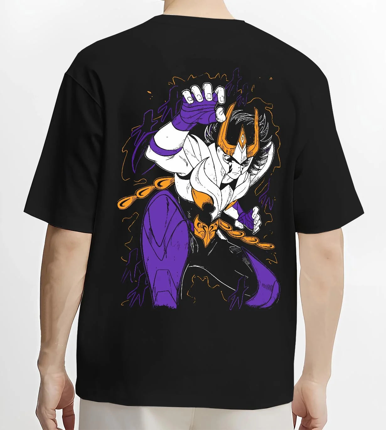 Black T-shirt worn by male model, back view with Saint Seiya Hoodie Ikki Phoenix Burning Power Jumper graphic Ikki anime design.