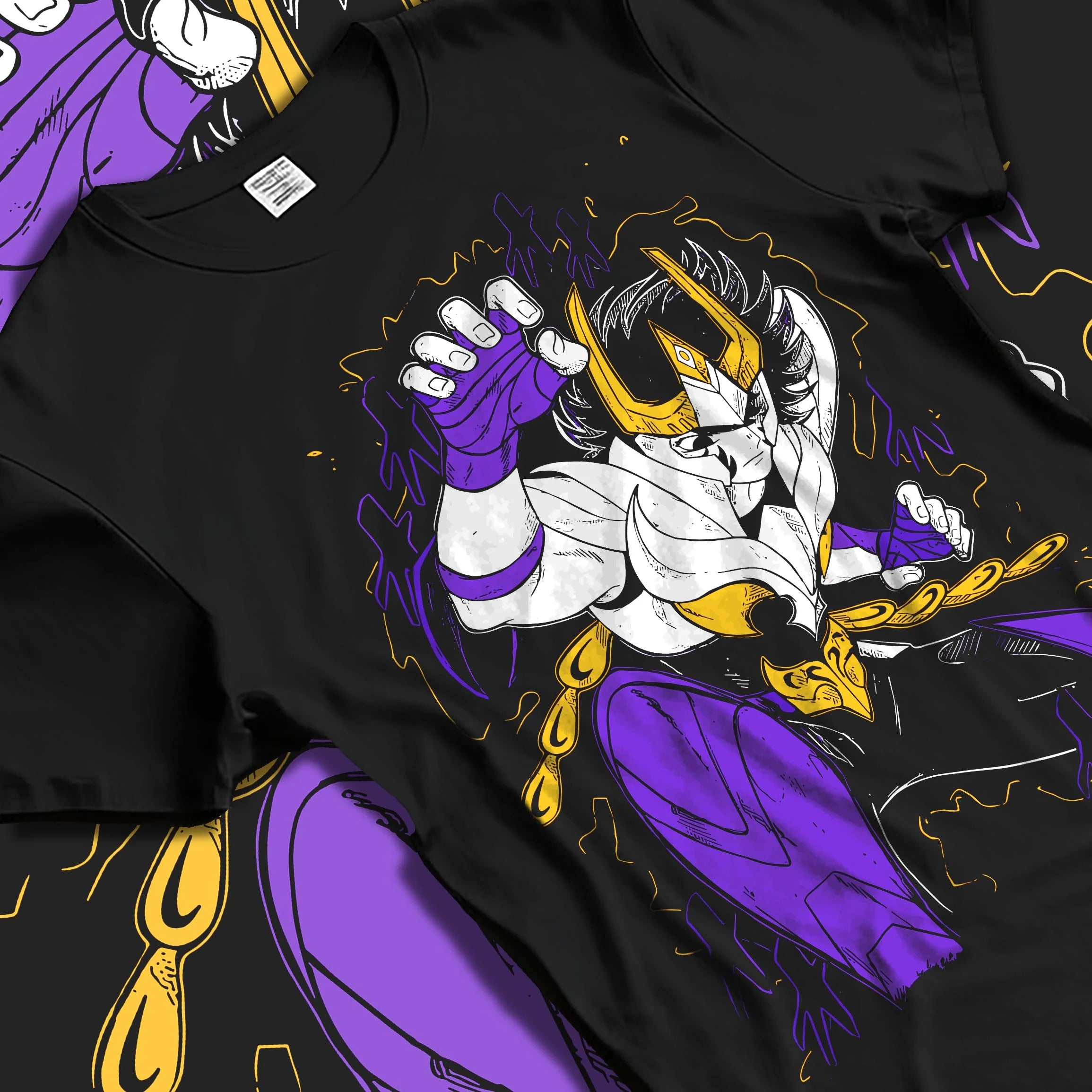 Black T-shirt laid flat with natural folds with Saint Seiya Hoodie Ikki Phoenix Burning Power Jumper graphic Ikki anime design.