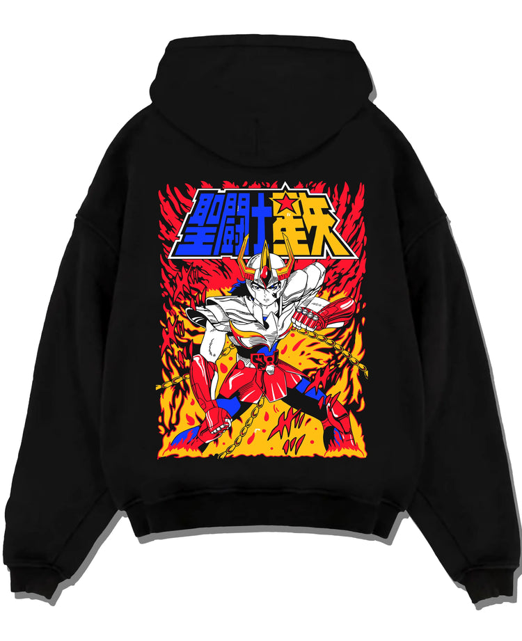 Black pullover hoodie laid flat with Saint Seiya Hoodie Ikki Phoenix Legendary Jumper graphic Ikki themed artwork.