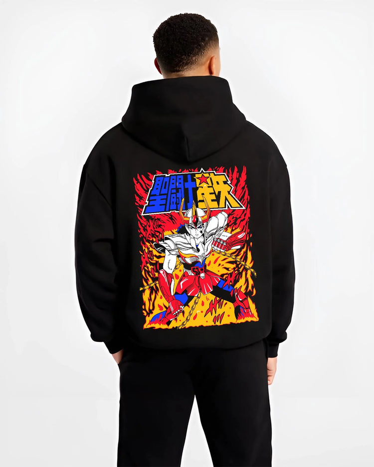 Black hoodie worn by male model, back view with Saint Seiya Hoodie Ikki Phoenix Legendary Jumper graphic bold anime graphic.