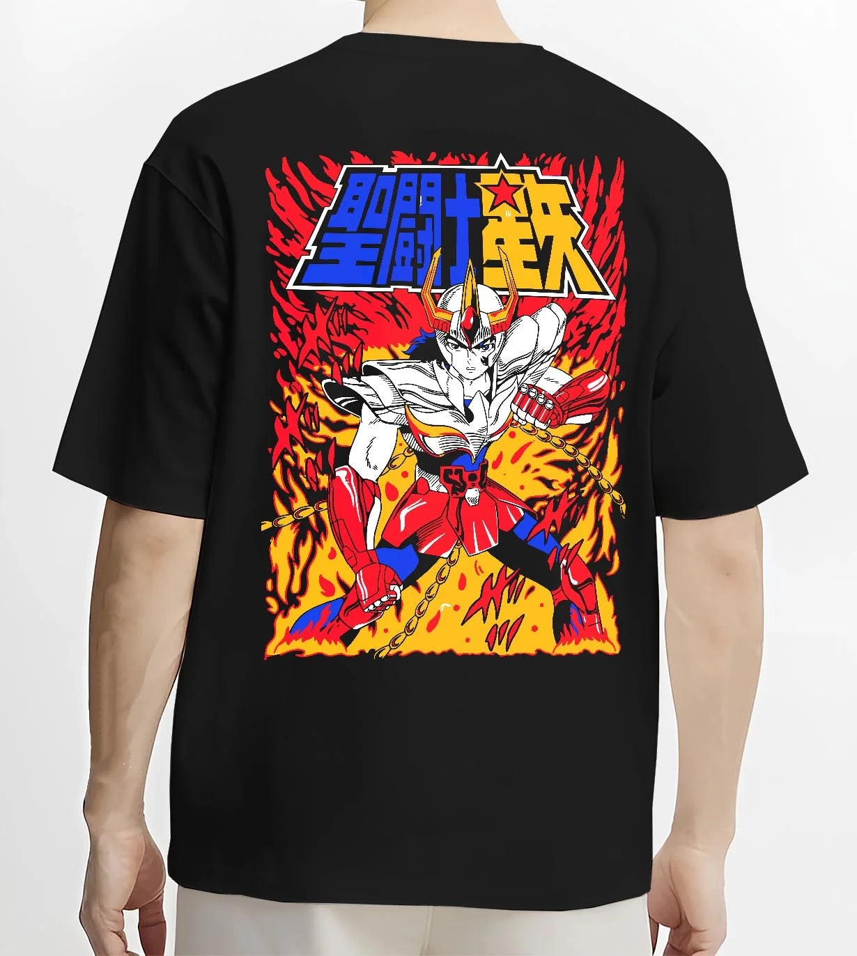 Black T-shirt worn by male model, back view with Saint Seiya Hoodie Ikki Phoenix Legendary Jumper graphic premium wear.