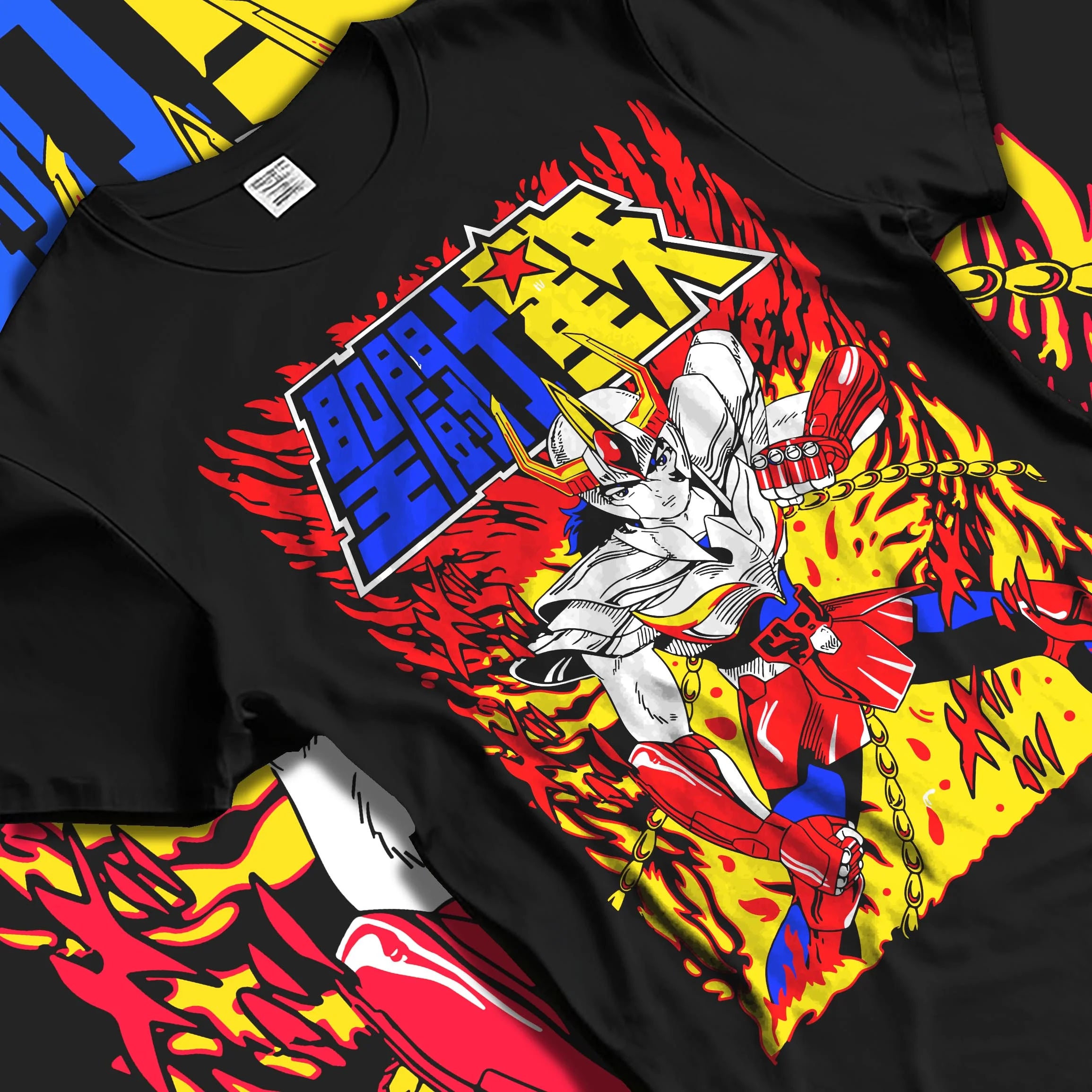 Black T-shirt laid flat with natural folds with Saint Seiya Hoodie Ikki Phoenix Legendary Jumper graphic Ikki anime design.