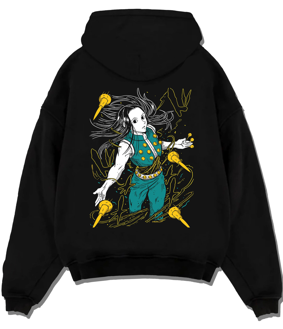 Black hoodie flat back view showing Illumi Zoldyck from Hunter x Hunter: needle-manipulation pose
