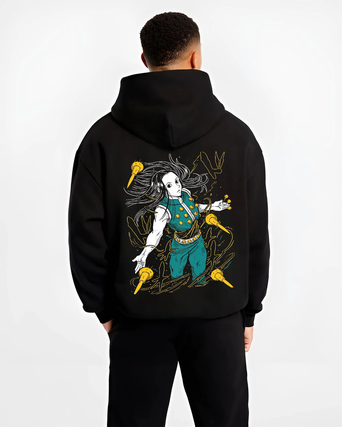Black hoodie model back view showing Illumi Zoldyck from Hunter x Hunter: needle-manipulation pose