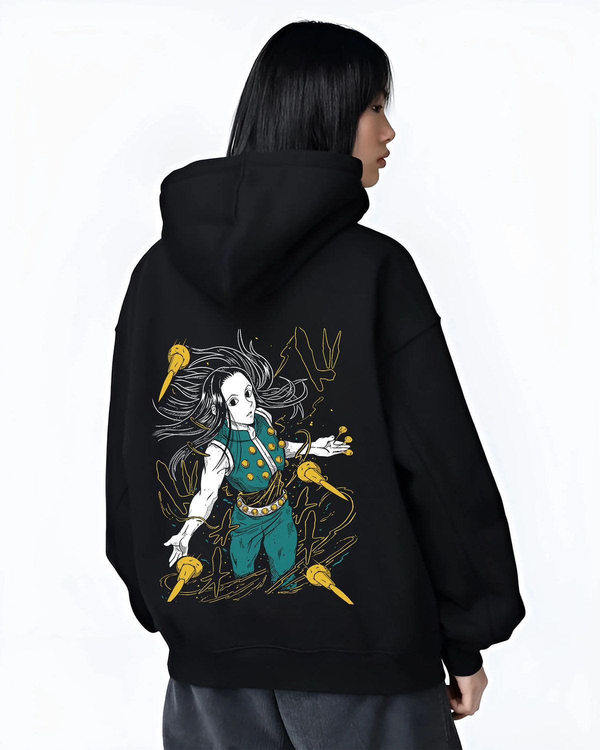 Black hoodie female model back view showing Illumi Zoldyck from Hunter x Hunter: needle-manipulation pose