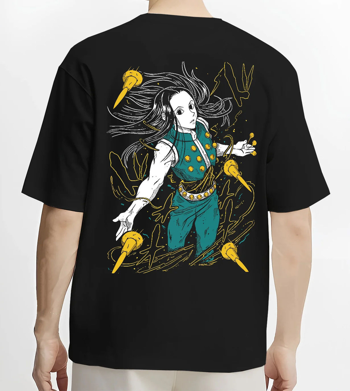 Black T-shirt model back view showing Illumi Zoldyck from Hunter x Hunter: needle-manipulation pose