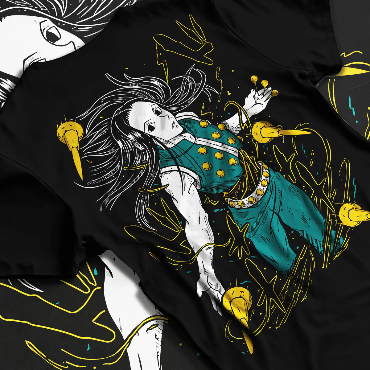 Black T-shirt flat back view showing Illumi Zoldyck from Hunter x Hunter: needle-manipulation pose