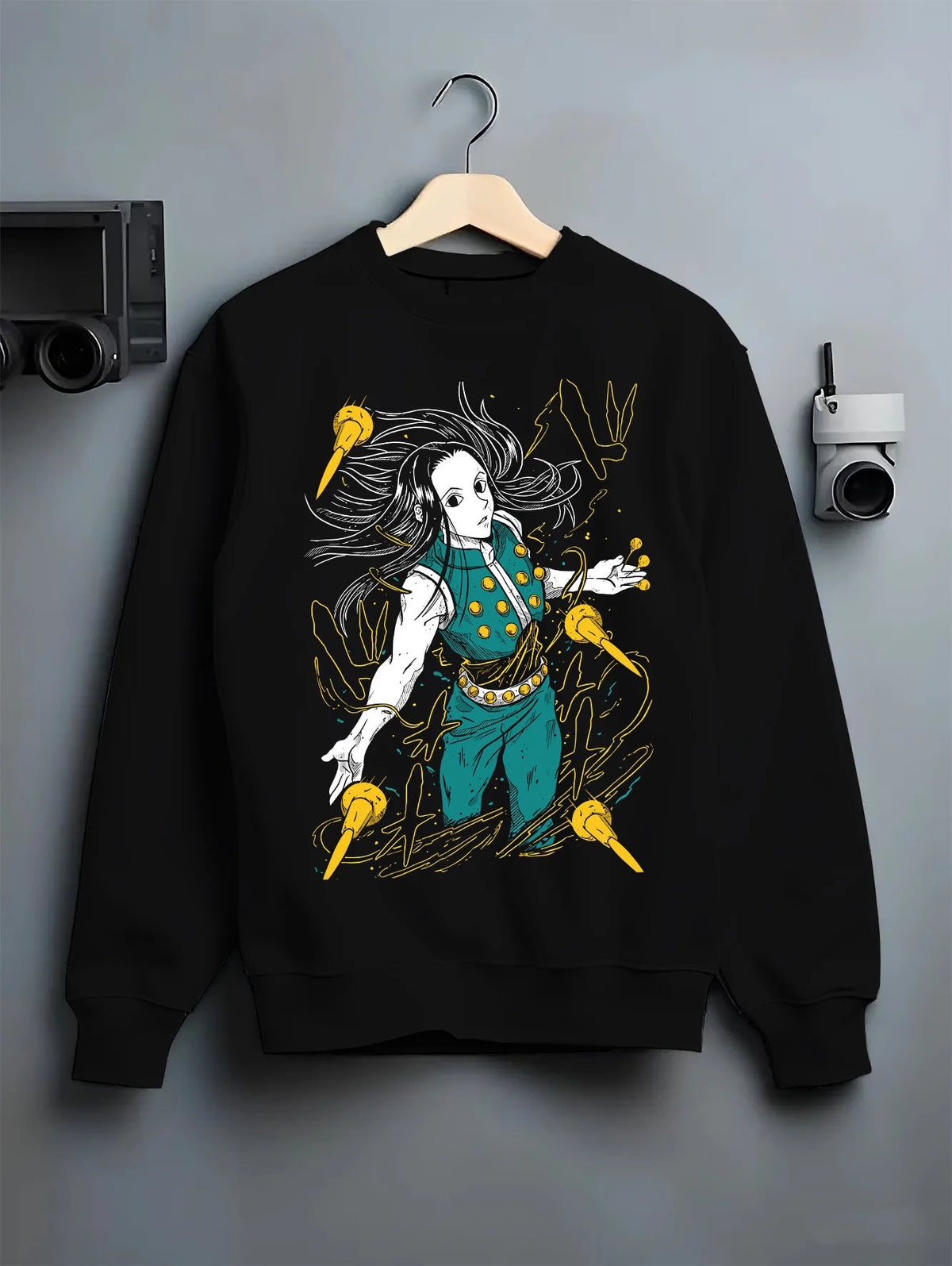 Black crewneck sweatshirt on hanger showing Illumi Zoldyck from Hunter x Hunter: needle-manipulation pose