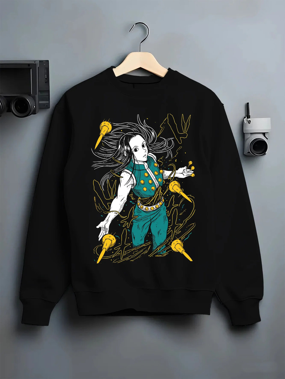 Black crewneck sweatshirt on hanger showing Illumi Zoldyck from Hunter x Hunter: needle-manipulation pose