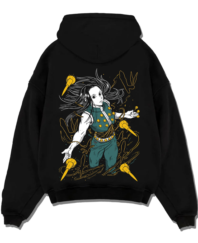 Black pullover hoodie laid flat with Demon Slayer Hoodie Daki Upper Moon Demon Jumper graphic Daki themed artwork.