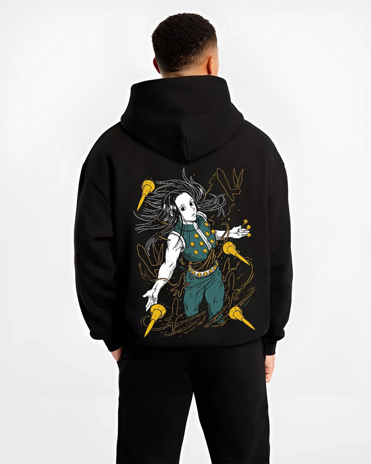 Black hoodie worn by male model, back view with Demon Slayer Hoodie Daki Upper Moon Demon Jumper graphic streetwear graphic.