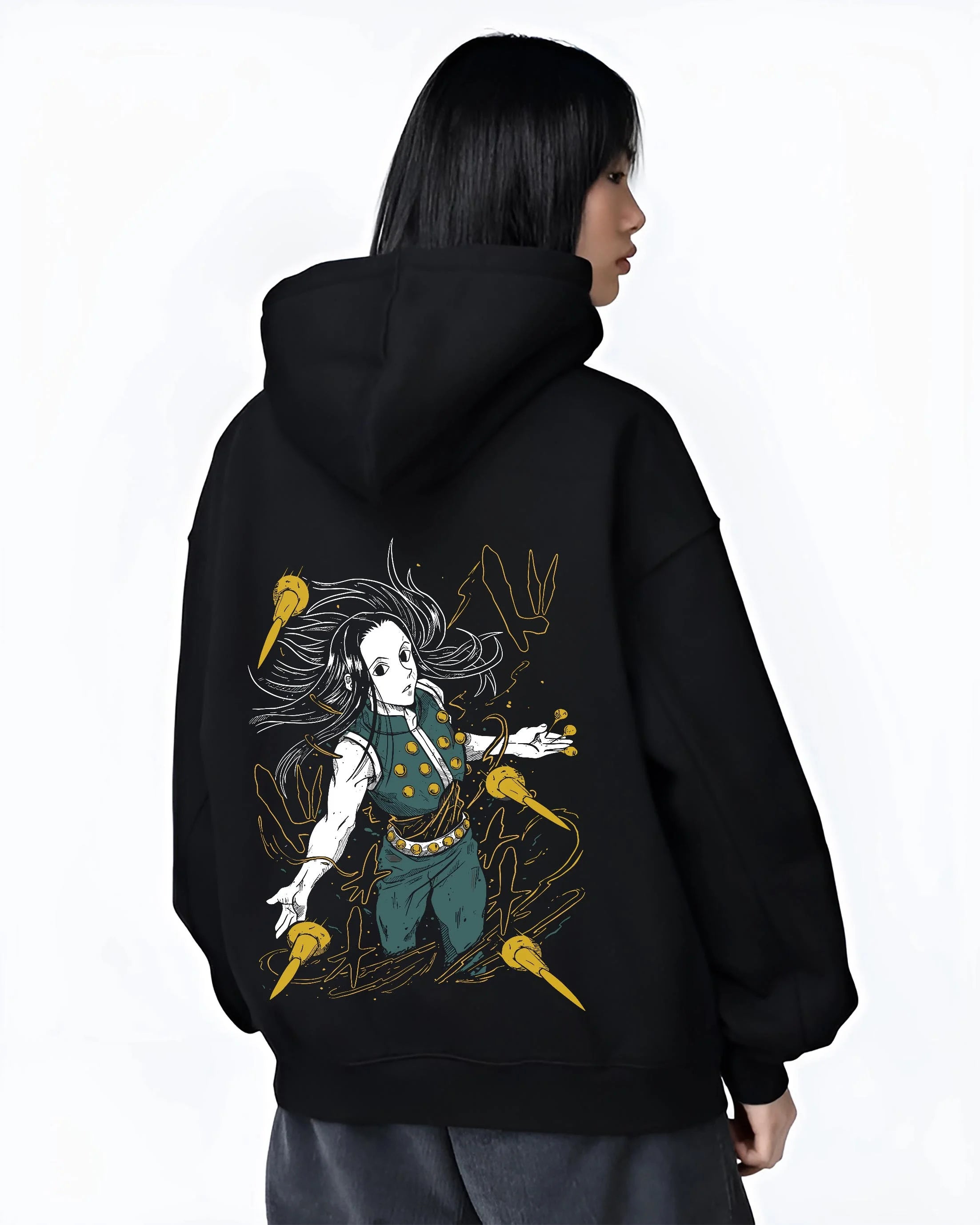 Black hoodie worn by female model, back view with Demon Slayer Hoodie Daki Upper Moon Demon Jumper graphic bold anime graphic.