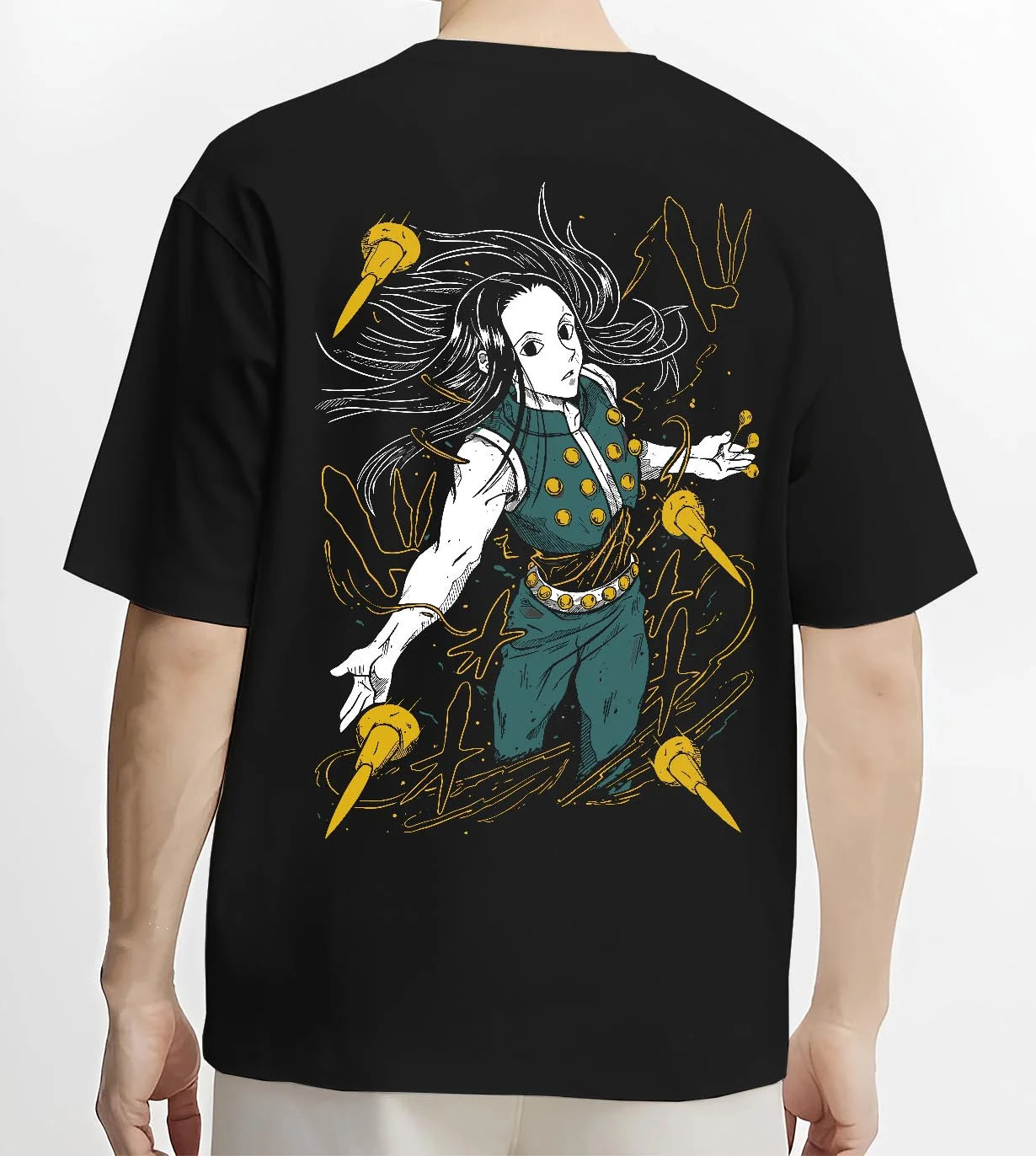 Black T-shirt worn by male model, back view with Demon Slayer Hoodie Daki Upper Moon Demon Jumper graphic Daki themed artwork.