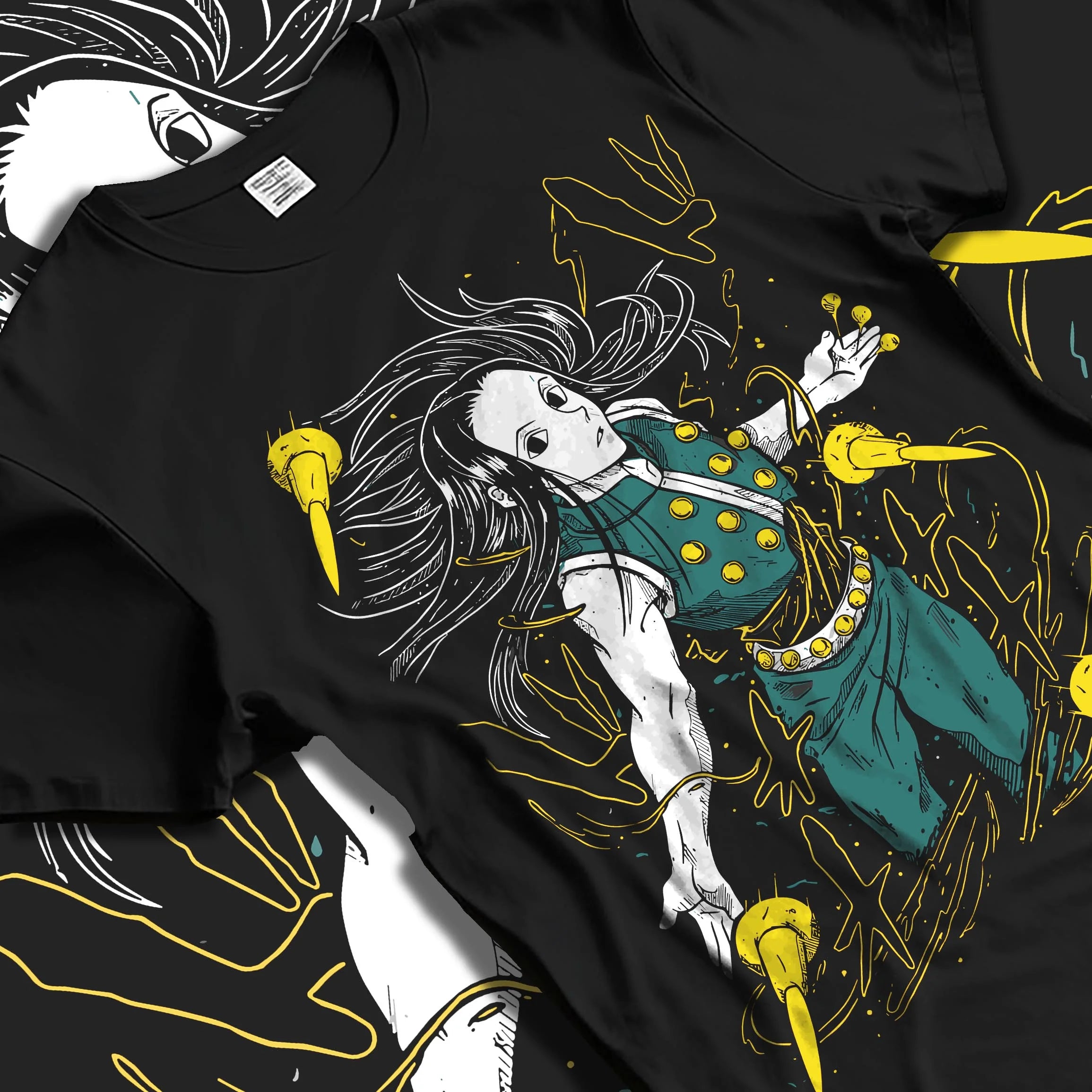 Black T-shirt laid flat with natural folds with Demon Slayer Hoodie Daki Upper Moon Demon Jumper graphic premium wear.