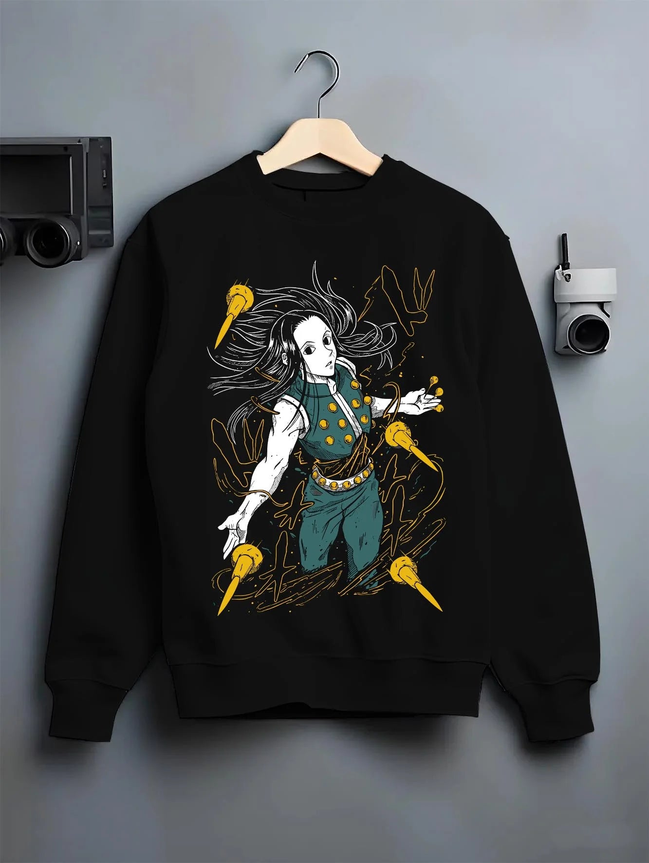 Black crewneck sweatshirt on hanger with Demon Slayer Hoodie Daki Upper Moon Demon Jumper graphic Daki themed artwork.