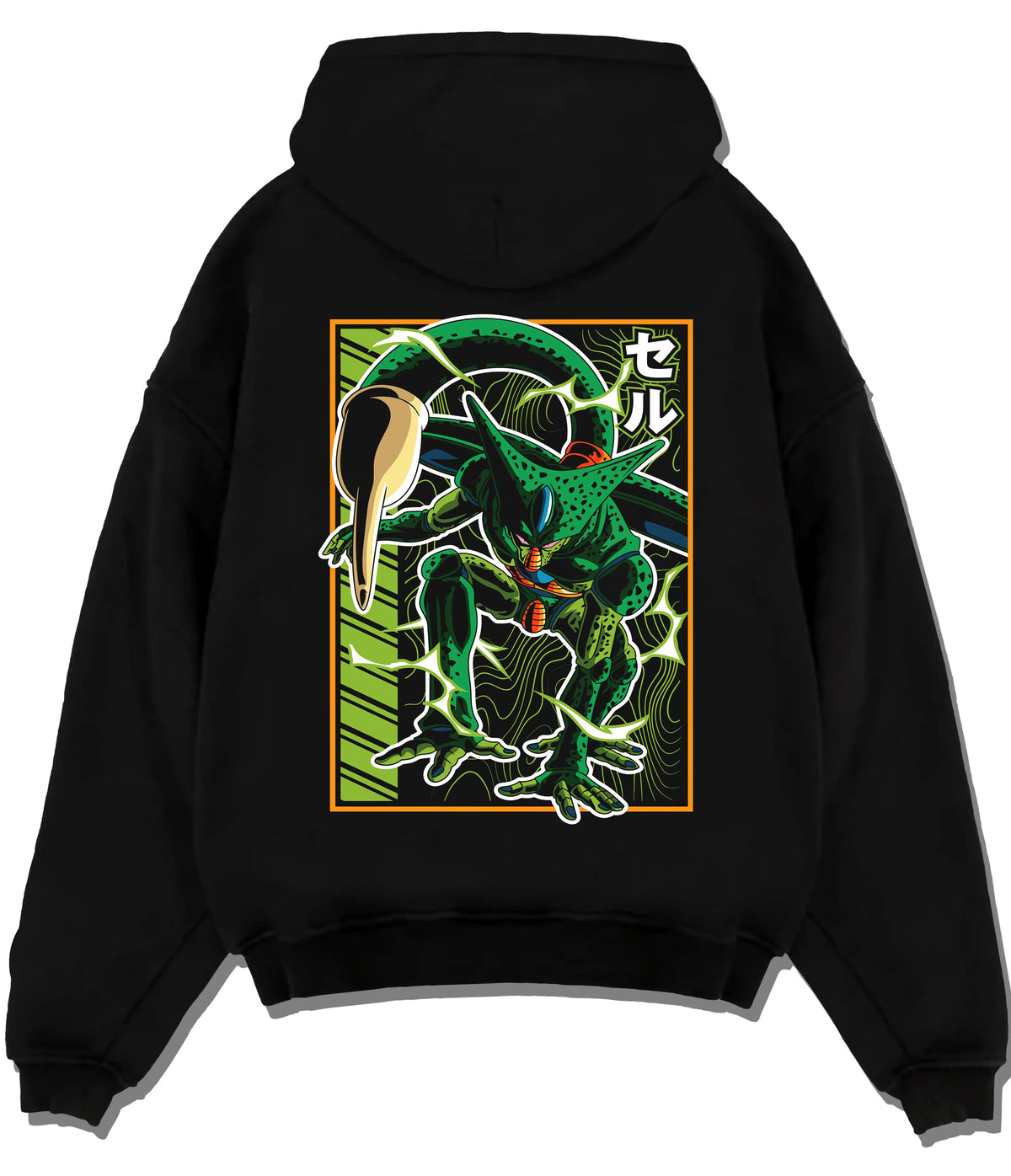 Black hoodie flat back view showing Imperfect Cell from Dragon Ball: green insectoid form