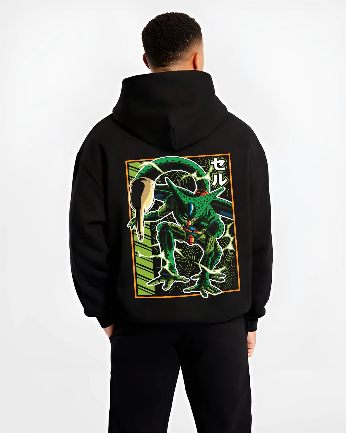 Black hoodie model back view showing Imperfect Cell from Dragon Ball: green insectoid form