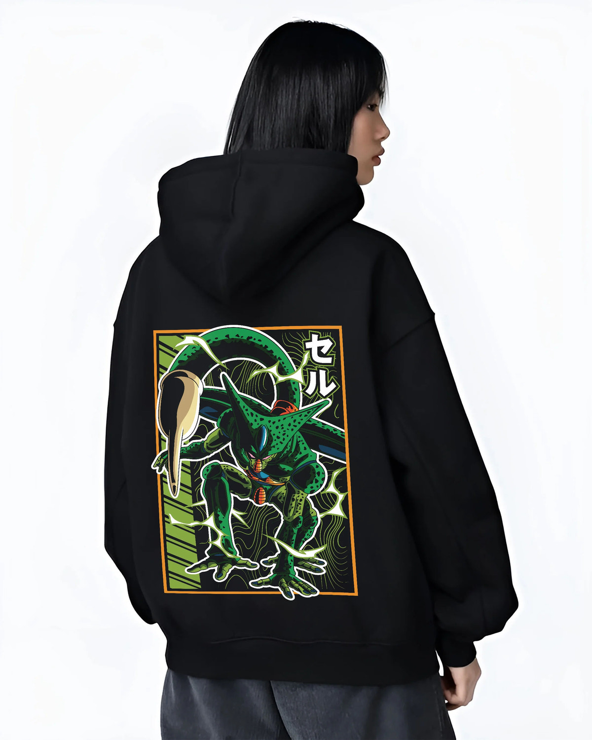 Black hoodie female model back view showing Imperfect Cell from Dragon Ball: green insectoid form