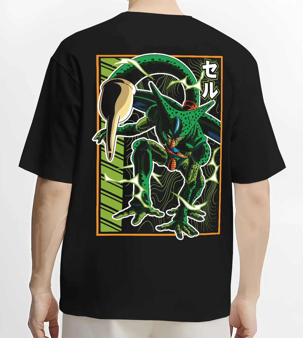 Black T-shirt model back view showing Imperfect Cell from Dragon Ball: green insectoid form