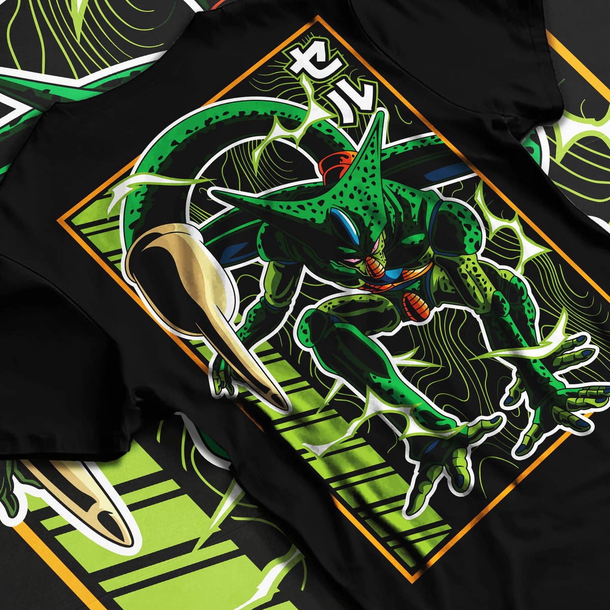 Black T-shirt flat back view showing Imperfect Cell from Dragon Ball: green insectoid form