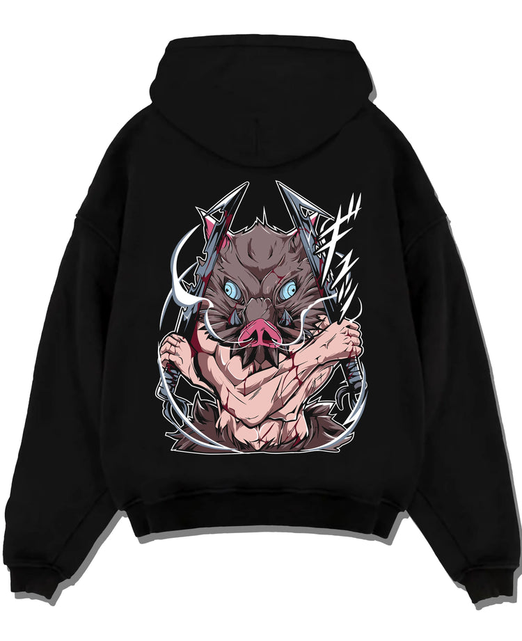 Black pullover hoodie laid flat with Demon Slayer Hoodie Inosuke Hashibira Beast Jumper graphic premium wear.