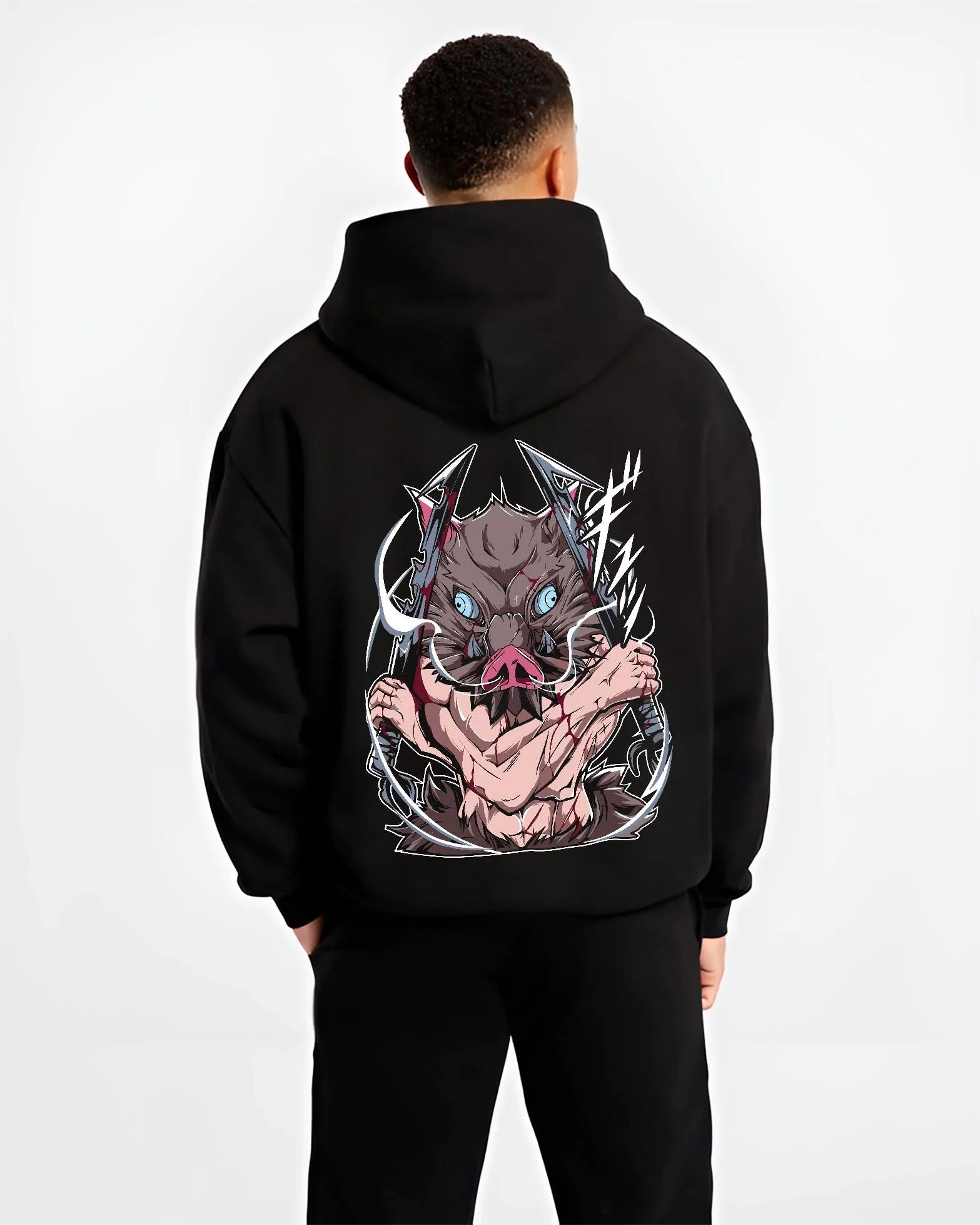 Black hoodie worn by male model, back view with Demon Slayer Hoodie Inosuke Hashibira Beast Jumper graphic bold anime graphic.